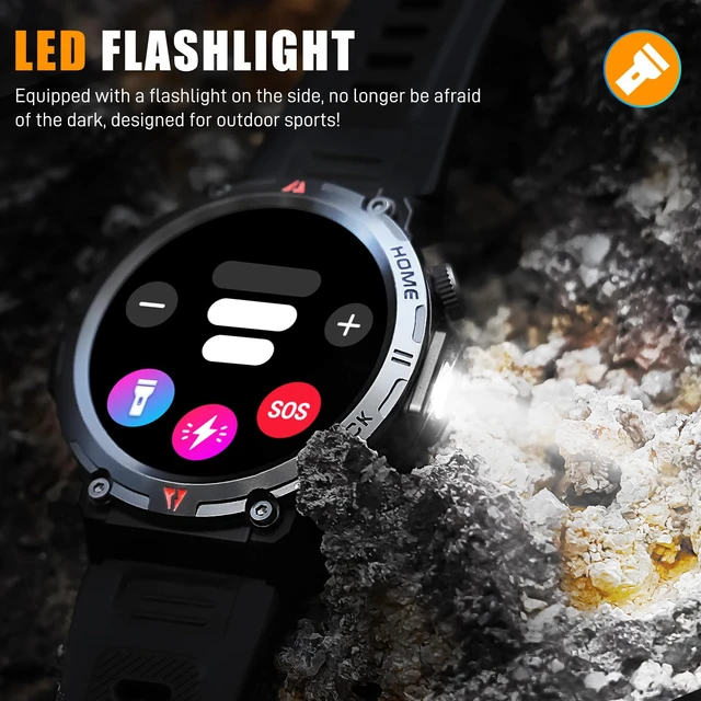 Alt view image 4 of 7 - Military Smart Watches for Men Built-in GPS LED Flashlight Smartwatch Rugged Tactical Smart Watch 3ATM Waterproof Compass Calls 530mAh Battery Fitness Tracker with HR/Sleep Monitor iOS Android