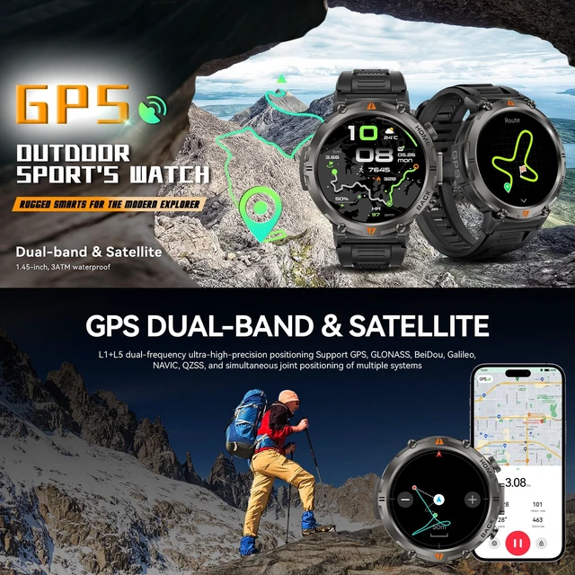Alt view image 3 of 7 - Military Smart Watches for Men Built-in GPS LED Flashlight Smartwatch Rugged Tactical Smart Watch 3ATM Waterproof Compass Calls 530mAh Battery Fitness Tracker with HR/Sleep Monitor iOS Android