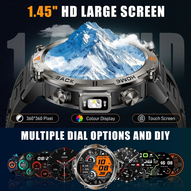 Alt view image 7 of 7 - Military Smart Watches for Men Built-in GPS LED Flashlight Smartwatch Rugged Tactical Smart Watch 3ATM Waterproof Compass Calls 530mAh Battery Fitness Tracker with HR/Sleep Monitor iOS Android