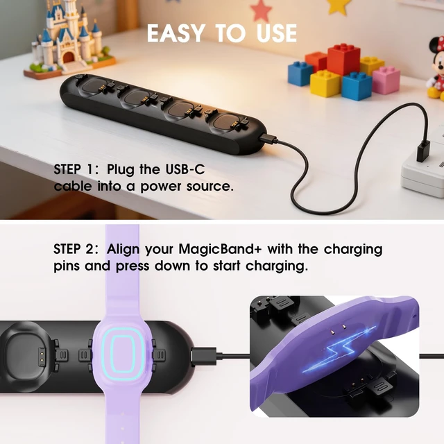 Alt view image 6 of 7 - 4-in-1 Charging Station Compatible with Disney MagicBand+ (Magic Band Plus), Charge 4 Devices Simultaneously, Portable Fast-Charging Dock for Disney World & Disneyland Family Travel
