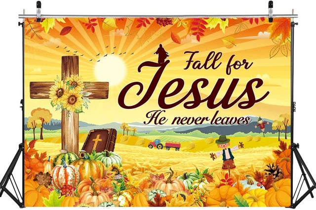 Alt view image 2 of 7 - Fall for Jesus Backdrop Banner 8x6FT Autumn Thanksgiving Party Decorations He Never Leaves Background Pumpkin Maple Leaf Friendsgiving Christian Religion Supplies Photo Props