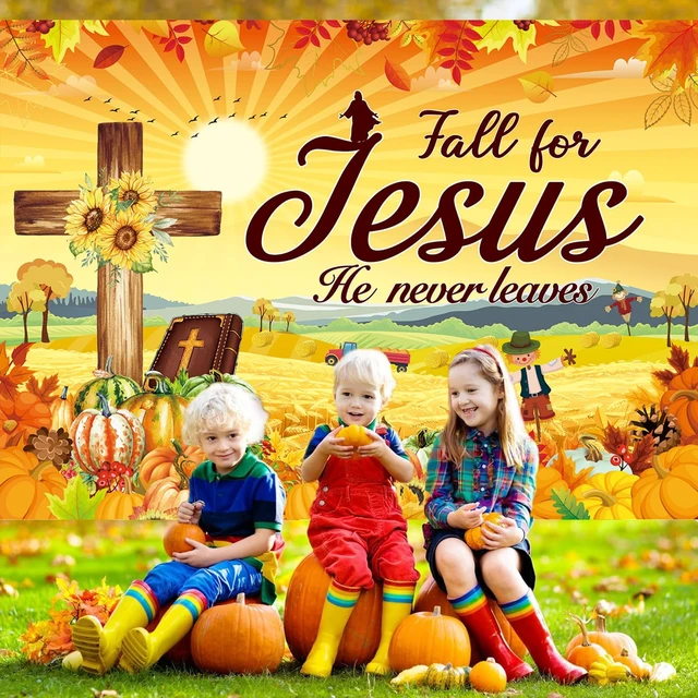 Alt view image 3 of 7 - Fall for Jesus Backdrop Banner 8x6FT Autumn Thanksgiving Party Decorations He Never Leaves Background Pumpkin Maple Leaf Friendsgiving Christian Religion Supplies Photo Props