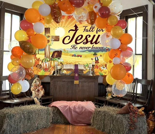 Alt view image 4 of 7 - Fall for Jesus Backdrop Banner 8x6FT Autumn Thanksgiving Party Decorations He Never Leaves Background Pumpkin Maple Leaf Friendsgiving Christian Religion Supplies Photo Props