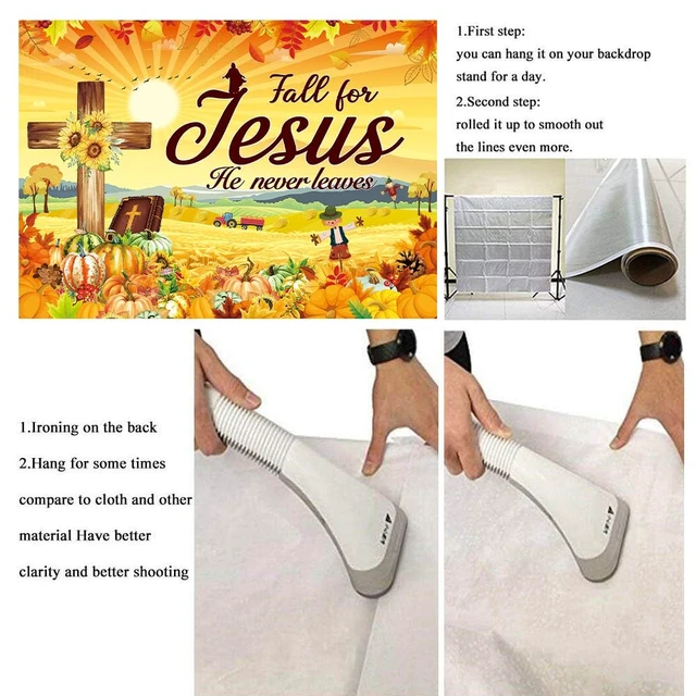 Alt view image 7 of 7 - Fall for Jesus Backdrop Banner 8x6FT Autumn Thanksgiving Party Decorations He Never Leaves Background Pumpkin Maple Leaf Friendsgiving Christian Religion Supplies Photo Props