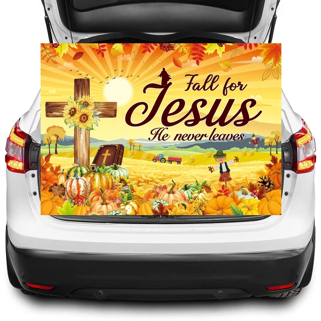 Alt view image 5 of 7 - Fall for Jesus Backdrop Banner 8x6FT Autumn Thanksgiving Party Decorations He Never Leaves Background Pumpkin Maple Leaf Friendsgiving Christian Religion Supplies Photo Props