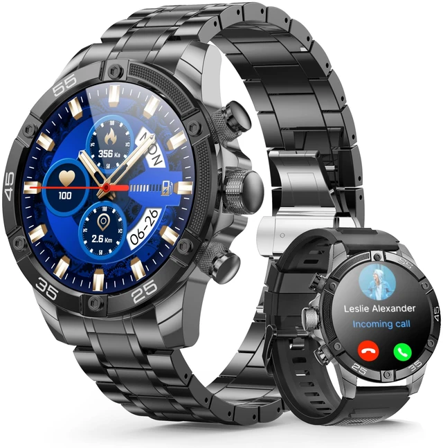Main image of Men's Smart Watch Round HD 1.53" Gold Blue Smart Watches for Men, Multiple Sports Modes, Bluetooth Voice Call. Available for iOS and Android (All-Black)