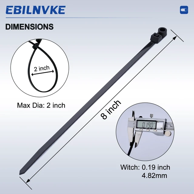 Alt view image 2 of 7 - 200PCS 7.5 Inch Zip Ties with Screw Hole, 75lbs Tensile Strength Heavy Duty, Mountable Cable Ties for Indoor & Outdoor Use, Black Nylon Universal Cable Tie Buckle, UV