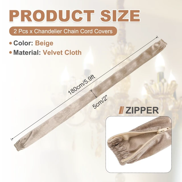 Alt view image 2 of 7 - 5.9ft Chandelier Chain Cord Cover, 2 Pcs Velvet Cloth Fabric Chain Sleeve Decorative Cord Covers for Chandelier Wires Swing Cable, Zipper Style, Beige