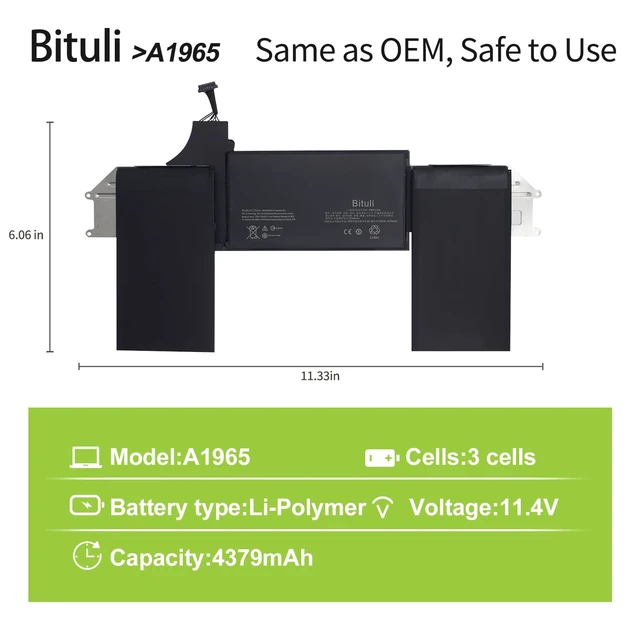 Alt view image 2 of 6 - A1965 Battery for MacBook Air 13-inch Model A1932 A2179 Battery Replacement 2018 2019 2020 Version EMC 3184 3302 MacBookAir8,1 8,2 9,1 MRE82LL/A MRE92LL/A MVFH2LL/A MVFM2LL/A MRE82B/A 49.9Wh