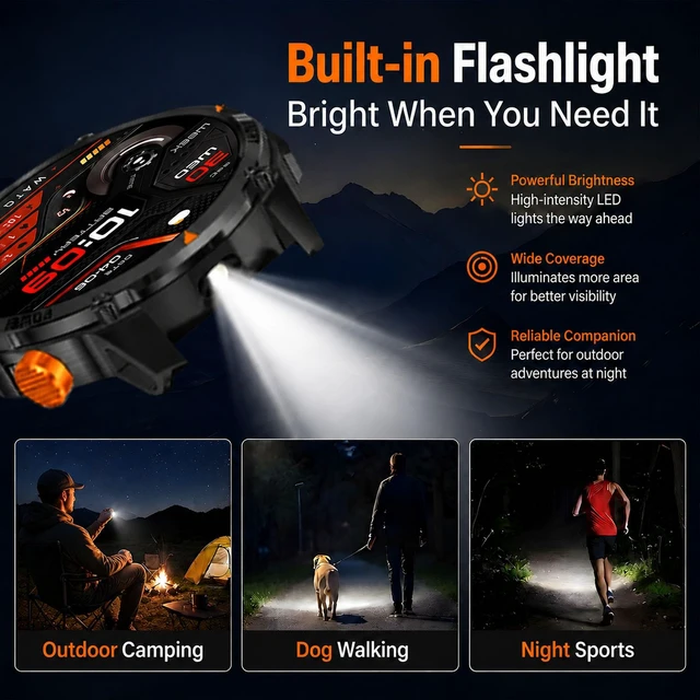 Alt view image 2 of 7 - Military Smart Watch with Compass/Flashlight for Android & iPhone (2 Bands) 100 Days Battery/IP68 Waterproof, Answer/Make Calls, 1.7" HD Fitness Tracker Watch with Sleep/Heart Rate Monitor for Men