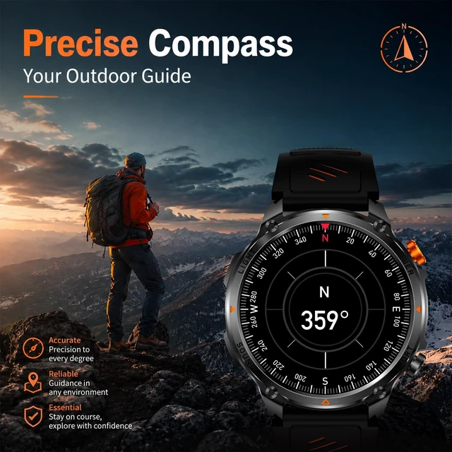 Alt view image 4 of 7 - Military Smart Watch with Compass/Flashlight for Android & iPhone (2 Bands) 100 Days Battery/IP68 Waterproof, Answer/Make Calls, 1.7" HD Fitness Tracker Watch with Sleep/Heart Rate Monitor for Men