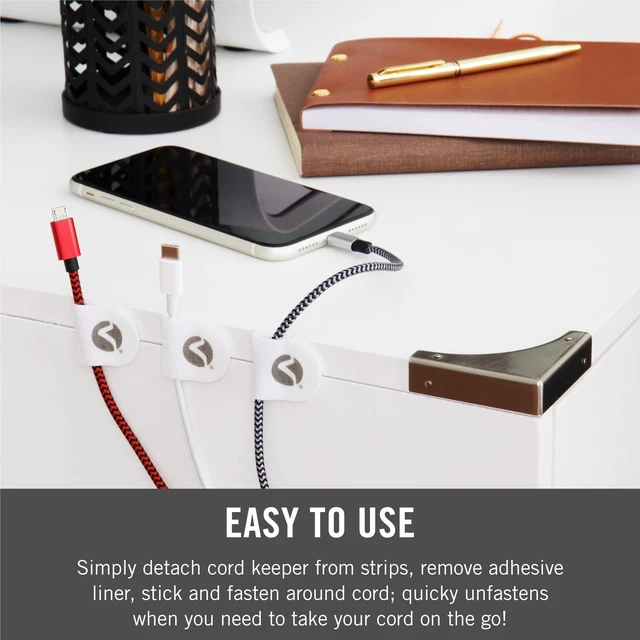 Alt view image 4 of 7 - Adhesive Cable Clips, Cord Keepers, 30pk Black and White Removable Cord Holder For Desk, Wall Or Nightstand; Organizes Charging Cables And USB Cords For Home Office Setups