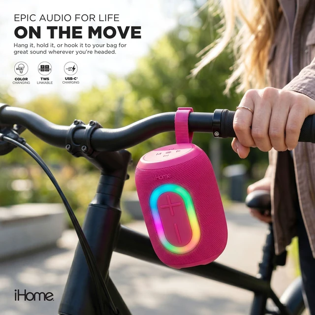 Alt view image 2 of 7 - Quest Wireless Portable Bluetooth Speaker with RGB Light Water-Resistant, Built-In Carry Strap, TWS Pairing, Rechargeable Battery, USB-C Cable Included, True Stereo, Bluetooth 5.3