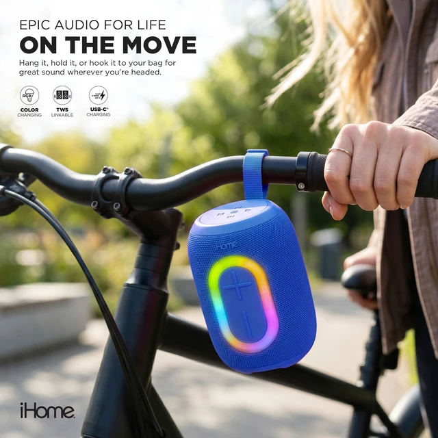 Alt view image 2 of 7 - Quest Wireless Portable Bluetooth Speaker with RGB Light Water-Resistant, Built-In Carry Strap, TWS Pairing, Rechargeable Battery, USB-C Cable Included, True Stereo, Bluetooth 5.3