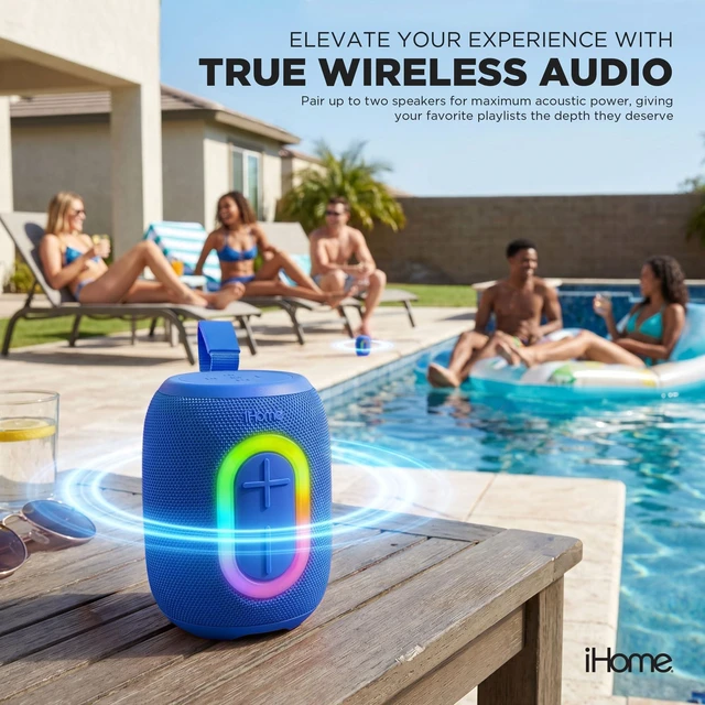 Alt view image 3 of 7 - Quest Wireless Portable Bluetooth Speaker with RGB Light Water-Resistant, Built-In Carry Strap, TWS Pairing, Rechargeable Battery, USB-C Cable Included, True Stereo, Bluetooth 5.3