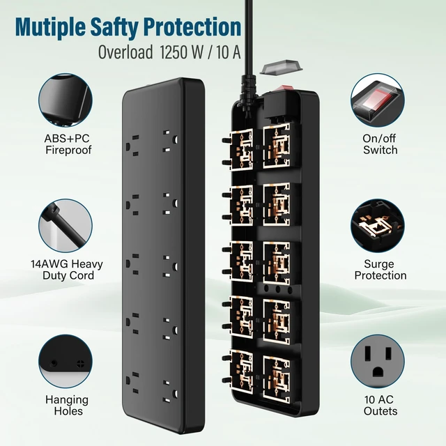 Alt view image 2 of 7 - Outdoor Power Strip Weatherproof 6 FT, IPX6 Waterproof 10 Outlets Wide Spaced Extension Cord with 45° Plug,Shockproof,Wall Mountable 14 Gauge 125V for Camping, Holiday, Bathroom, Garden, Patio, ETL