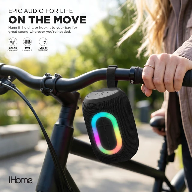 Alt view image 2 of 7 - Quest Wireless Portable Bluetooth Speaker with RGB Light Water-Resistant, Built-In Carry Strap, TWS Pairing, Rechargeable Battery, USB-C Cable Included, True Stereo, Bluetooth 5.3