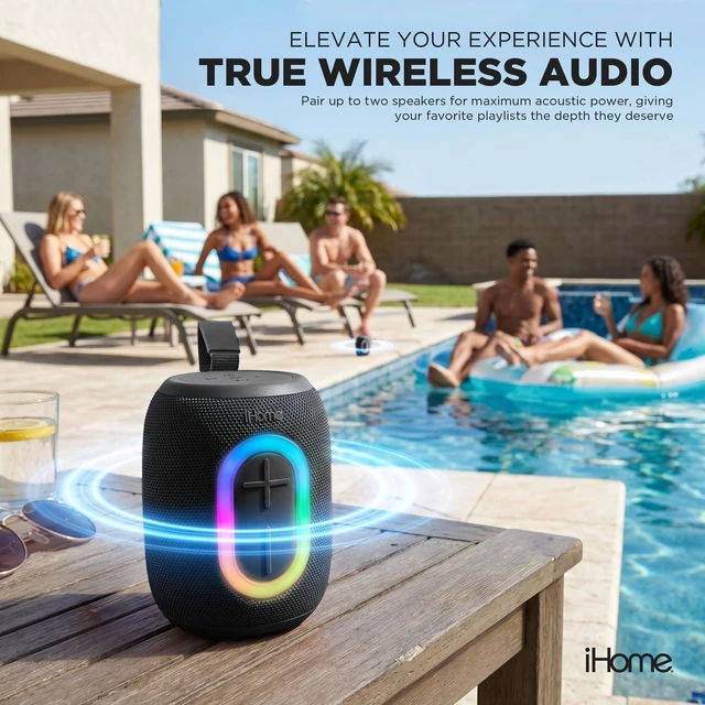 Alt view image 3 of 7 - Quest Wireless Portable Bluetooth Speaker with RGB Light Water-Resistant, Built-In Carry Strap, TWS Pairing, Rechargeable Battery, USB-C Cable Included, True Stereo, Bluetooth 5.3