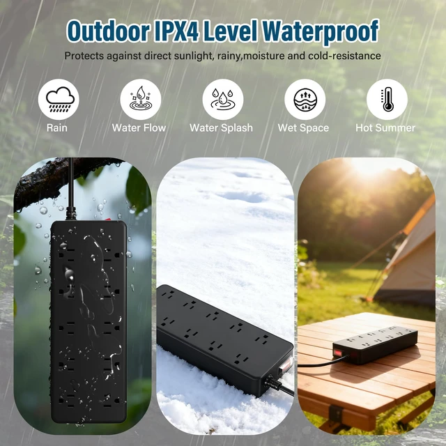 Alt view image 4 of 7 - Outdoor Power Strip Weatherproof 6 FT, IPX6 Waterproof 10 Outlets Wide Spaced Extension Cord with 45° Plug,Shockproof,Wall Mountable 14 Gauge 125V for Camping, Holiday, Bathroom, Garden, Patio, ETL