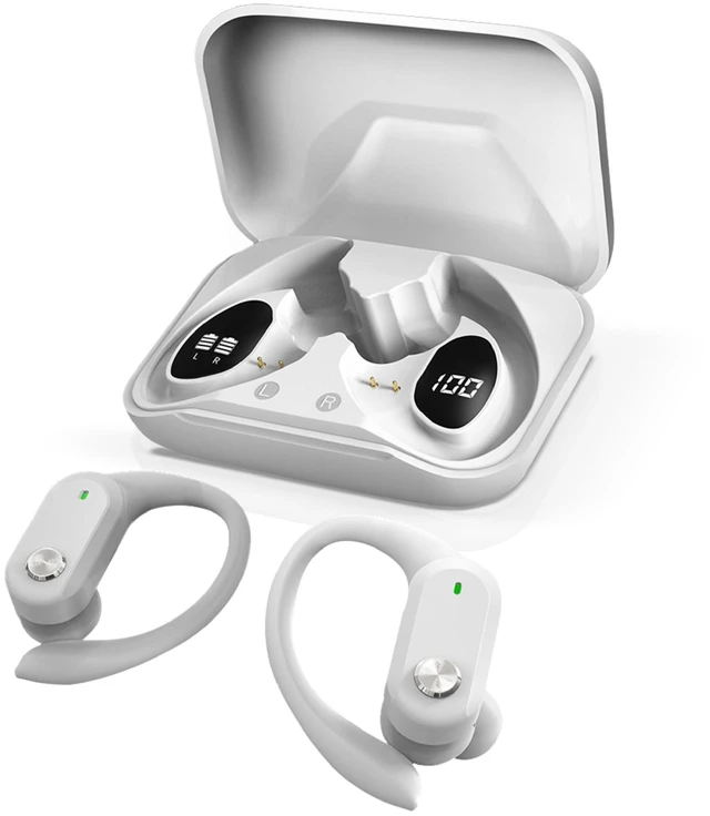 Alt view image 2 of 7 - Wireless Earbuds Bluetooth 5.3 Headphones Sport Sweat Resistant Sports Earphones with Earhooks,48H Playtime,Lightweight 7.8g,Fast Charging Case,Noise Cancelling Mic for Running Gym Workout-White