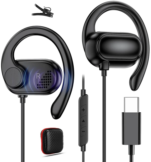 Main image of USB C Open-Ear Headphones with Earhook Mic & Volume Control Black Sport Wired Earbuds HiFi Stereo Anti-hurt Ear On-Ear Earphone for iPhone 18 Pro 17 16 15/Samsung S26 Kids School Chromebook