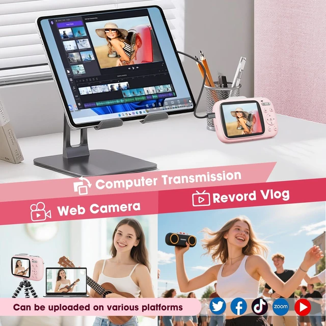 Alt view image 5 of 7 - Digital Camera 5K 80MP 18X Zoom UHD Autofocus Video Camara 2.8" LCD Vlogging Camera for Kids, Compact with Flash, 32GB Card & 2 Batteries, Christmas Birthday for Teens, Kids & Girls, Pink