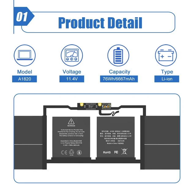 Alt view image 2 of 6 - A1820 A1707 Laptop Battery for MacBook Pro 15" A1707 (Late 2016, Mid 2017) 11.4V 76Wh 6667mAh, Replacement for MacBook Pro 15 inch A1707 (Late 2016, Mid 2017) EMC 3162 3072 series, MPTR2LL/A MPTT2LL/A