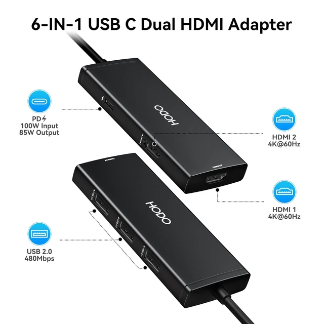 Alt view image 2 of 7 - Docking Station USB C to Dual HDMI Adapter, USB-C Hub with 2 Monitors Dongle Adapter with Dual HDMI 4K@60 Hz, 3 USB Port,PD Compatible for Dell XPS 13/15, etc (Black)