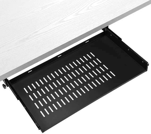 Main image of Sliding Under Desk Laptop Mount Shelf with Air Vents 21''Wx12''D Metal Under Desk Slide out Tray, Laptop Storage Tray for Home Office Standing Desk Workstation Cabinet, Hardware Include