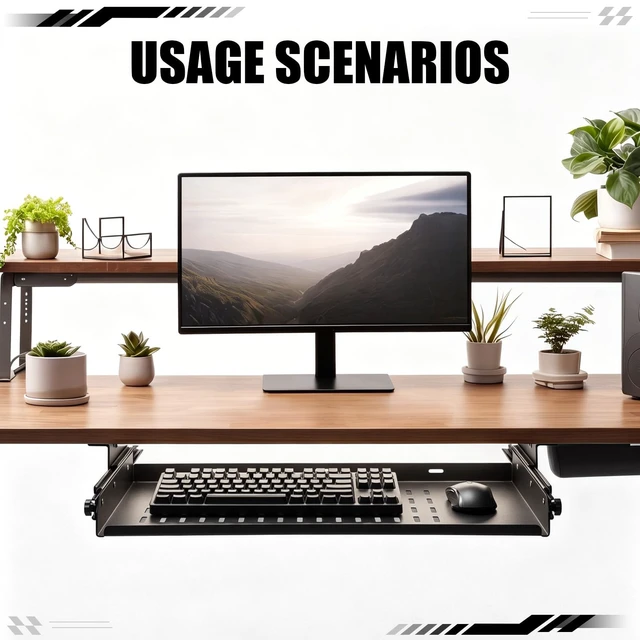 Alt view image 2 of 7 - Sliding Under Desk Laptop Mount Shelf with Air Vents 21''Wx12''D Metal Under Desk Slide out Tray, Laptop Storage Tray for Home Office Standing Desk Workstation Cabinet, Hardware Include