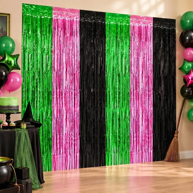 Main image of Pink Green Black Foil Fringe Curtains Birthday Party Decorations, 4 Pack 3.28 x 6.56 Ft Witch Themed Tinsel Streamer Backdrop Banner Photo Booth Props for Witch Themed Party Decor Supplies Favors
