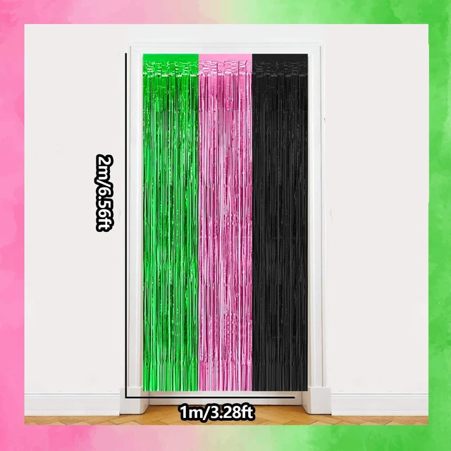 Alt view image 2 of 5 - Pink Green Black Foil Fringe Curtains Birthday Party Decorations, 4 Pack 3.28 x 6.56 Ft Witch Themed Tinsel Streamer Backdrop Banner Photo Booth Props for Witch Themed Party Decor Supplies Favors