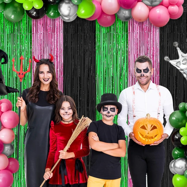 Alt view image 3 of 5 - Pink Green Black Foil Fringe Curtains Birthday Party Decorations, 4 Pack 3.28 x 6.56 Ft Witch Themed Tinsel Streamer Backdrop Banner Photo Booth Props for Witch Themed Party Decor Supplies Favors
