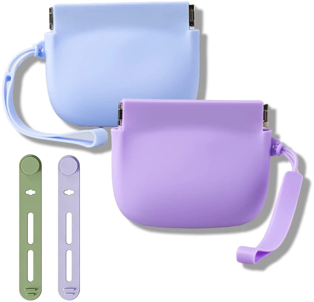 Main image of 2-Pack Silicone Earbud & Cable Organizer Case with 2 Cord Winders, Pop-Open Storage Box for Headphones, Charging Cords, Small Accessories, Coin Purse Blue & Purple