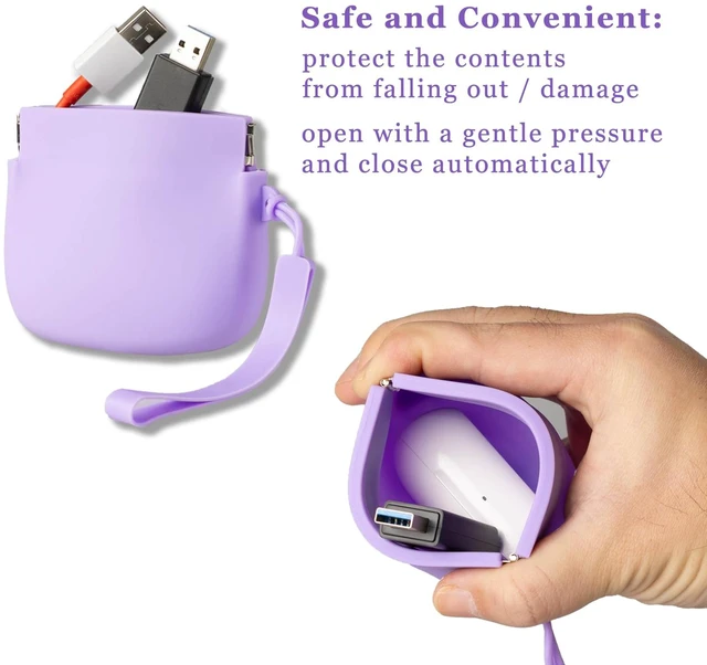 Alt view image 4 of 6 - 2-Pack Silicone Earbud & Cable Organizer Case with 2 Cord Winders, Pop-Open Storage Box for Headphones, Charging Cords, Small Accessories, Coin Purse Blue & Purple