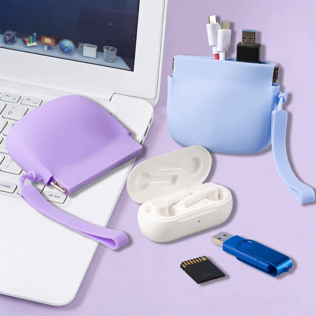 Alt view image 5 of 6 - 2-Pack Silicone Earbud & Cable Organizer Case with 2 Cord Winders, Pop-Open Storage Box for Headphones, Charging Cords, Small Accessories, Coin Purse Blue & Purple