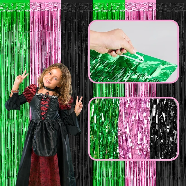 Alt view image 5 of 5 - Pink Green Black Foil Fringe Curtains Birthday Party Decorations, 4 Pack 3.28 x 6.56 Ft Witch Themed Tinsel Streamer Backdrop Banner Photo Booth Props for Witch Themed Party Decor Supplies Favors
