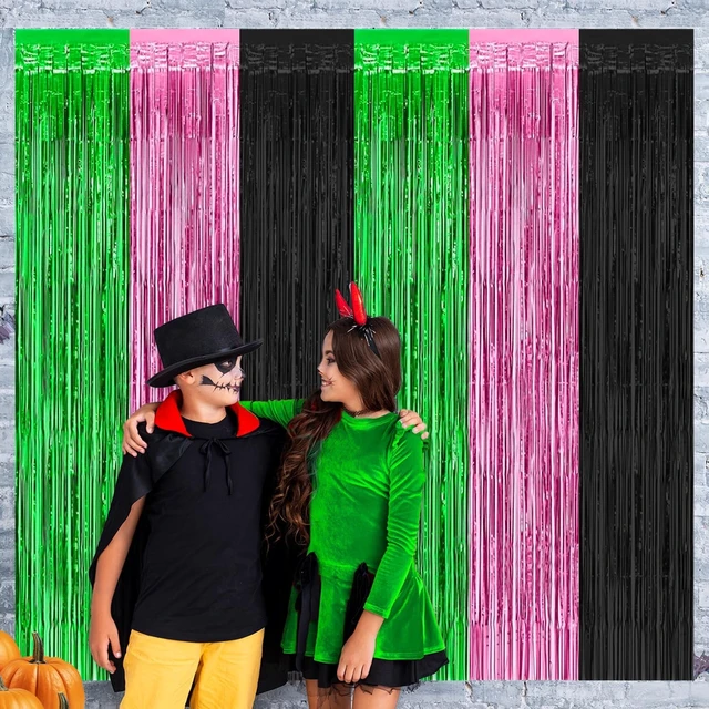 Alt view image 4 of 5 - Pink Green Black Foil Fringe Curtains Birthday Party Decorations, 4 Pack 3.28 x 6.56 Ft Witch Themed Tinsel Streamer Backdrop Banner Photo Booth Props for Witch Themed Party Decor Supplies Favors
