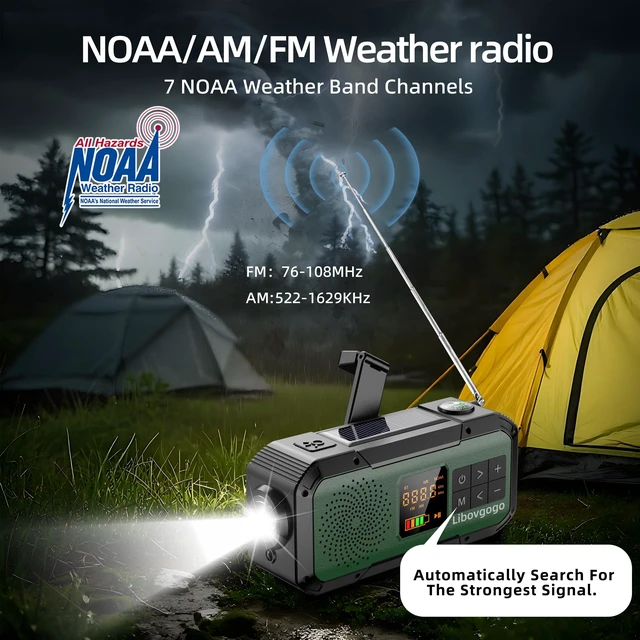 Alt view image 2 of 7 - Emergency Radio Waterproof Bluetooth Speaker,Portable Digital AM FM Radio with 2000mAH Cell Phone Charger,Flashlight,Hand Crank NOAA Weather Radio with Solar Panel,Emergency Survival Kit (Green)