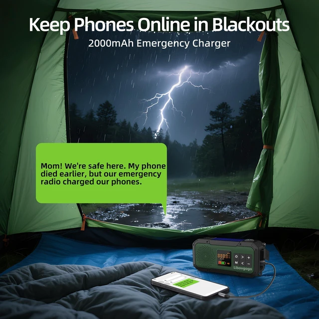 Alt view image 4 of 7 - Emergency Radio Waterproof Bluetooth Speaker,Portable Digital AM FM Radio with 2000mAH Cell Phone Charger,Flashlight,Hand Crank NOAA Weather Radio with Solar Panel,Emergency Survival Kit (Green)