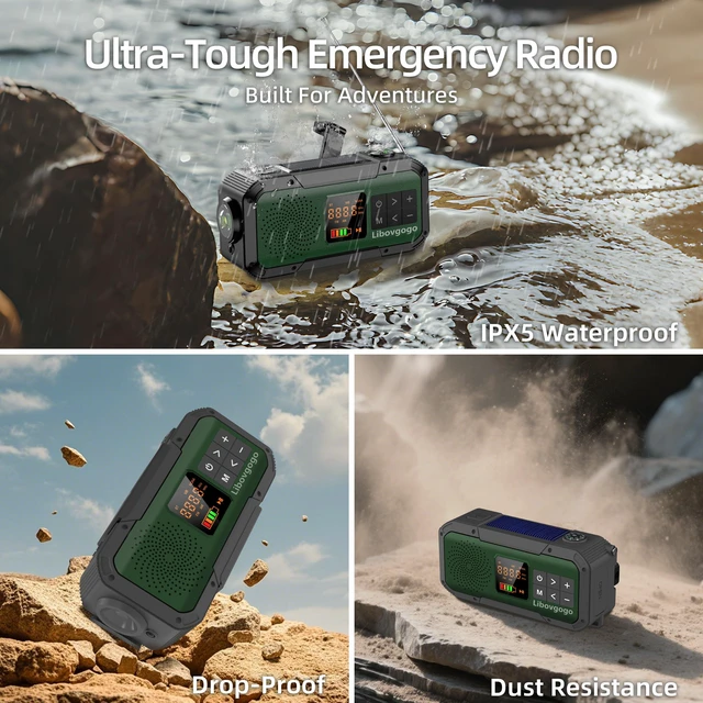 Alt view image 6 of 7 - Emergency Radio Waterproof Bluetooth Speaker,Portable Digital AM FM Radio with 2000mAH Cell Phone Charger,Flashlight,Hand Crank NOAA Weather Radio with Solar Panel,Emergency Survival Kit (Green)