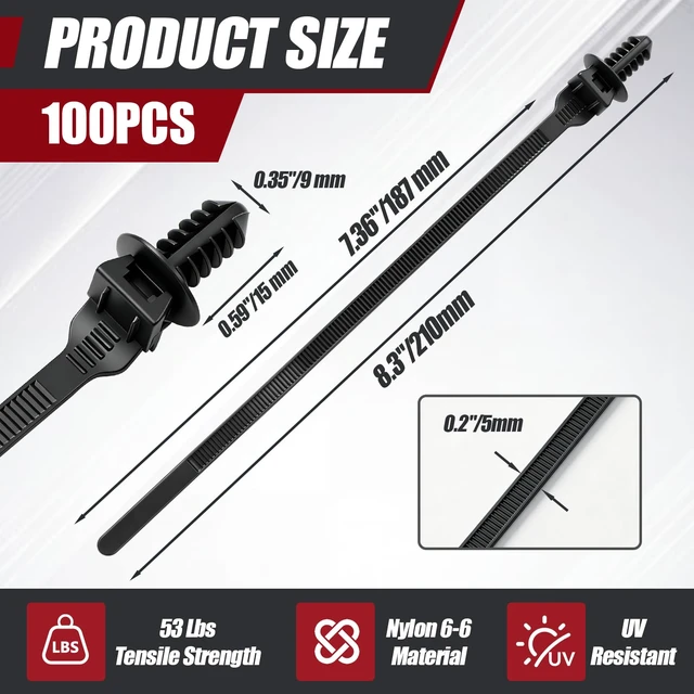 Alt view image 2 of 6 - 100 Pcs Fir Tree Push Mount Cable Zip Ties Clips,8.3"x0.2" 2 in 1 Self Locking, UV Resistant, Black Nylon Cable Tie for Indoor Outdoor