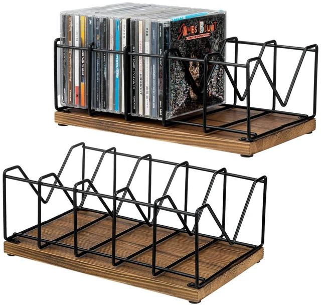 Main image of 2 Pcs CD Rack Stand Holder, DVD Tower, Tabletop Compact Disc Case Organizer Storage - Holds 50 Jewel Cases, Vintage Rustic Burnt Solid Wood and Matte Black Metal