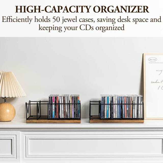 Alt view image 3 of 7 - 2 Pcs CD Rack Stand Holder, DVD Tower, Tabletop Compact Disc Case Organizer Storage - Holds 50 Jewel Cases, Vintage Rustic Burnt Solid Wood and Matte Black Metal