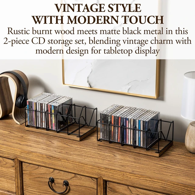 Alt view image 2 of 7 - 2 Pcs CD Rack Stand Holder, DVD Tower, Tabletop Compact Disc Case Organizer Storage - Holds 50 Jewel Cases, Vintage Rustic Burnt Solid Wood and Matte Black Metal