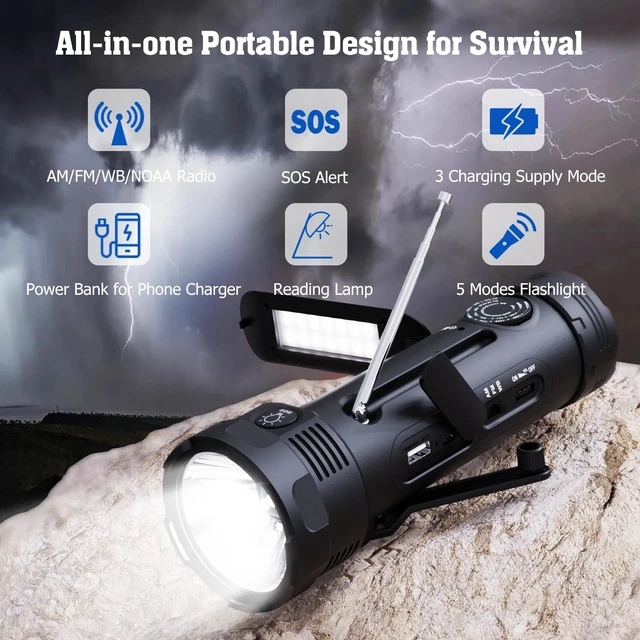 Alt view image 2 of 7 - NOAA Emergency Weather Radio, Portable Solar Hand Crank Flashlight Radio AM FM Battery Powered Radio with NOAA Alert, 4 Power Options, Emergency USB Charging, Reading Lamp, SOS Alarm for Emergencies