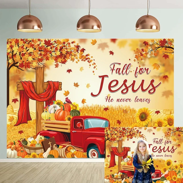 Main image of Fall for Jesus Backdrop Autumn Thanksgiving He Never Leaves Maple Leaves Pumpkin Photography Background Kids Adults Baby Shower Fall Harvest Party Decoration Christian Religion Supplies (8x6FT)