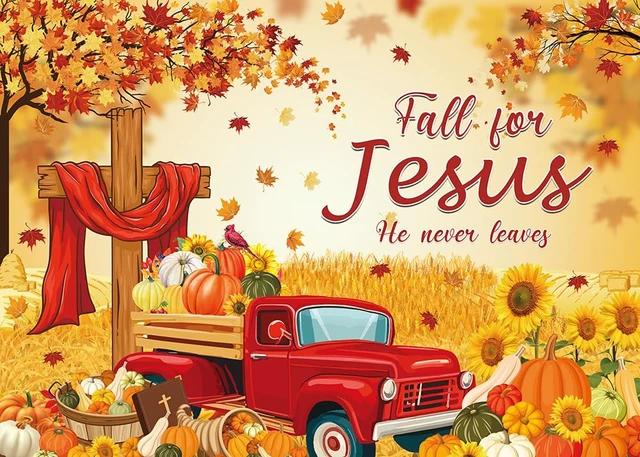 Alt view image 2 of 4 - Fall for Jesus Backdrop Autumn Thanksgiving He Never Leaves Maple Leaves Pumpkin Photography Background Kids Adults Baby Shower Fall Harvest Party Decoration Christian Religion Supplies (8x6FT)