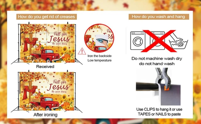 Alt view image 4 of 4 - Fall for Jesus Backdrop Autumn Thanksgiving He Never Leaves Maple Leaves Pumpkin Photography Background Kids Adults Baby Shower Fall Harvest Party Decoration Christian Religion Supplies (8x6FT)