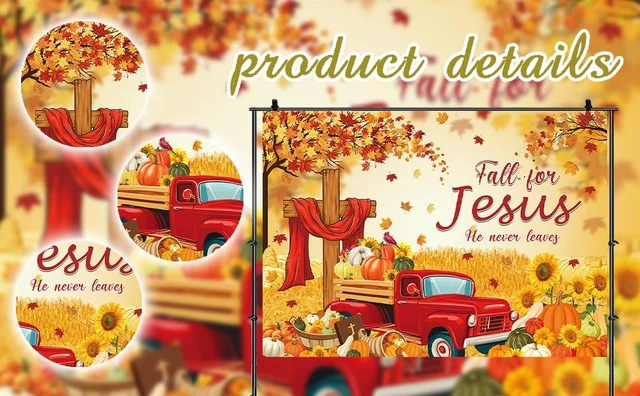 Alt view image 3 of 4 - Fall for Jesus Backdrop Autumn Thanksgiving He Never Leaves Maple Leaves Pumpkin Photography Background Kids Adults Baby Shower Fall Harvest Party Decoration Christian Religion Supplies (8x6FT)